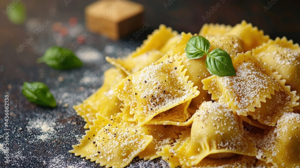 Fresh cooked ravioli pasta with basil leaves and grated cheese topped on a dark rustic surface for Italian cuisine or homemade pasta dishes