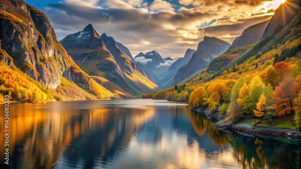 Naklejka premium Vibrant golden light illuminates the changing leaves in the scenic Norwegian fjords against a backdrop of rugged mountains and serene waterways, mountain landscape, landscape photography
