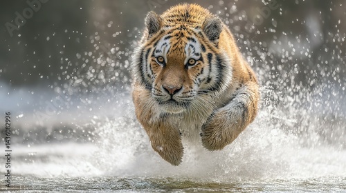 Powerful tiger leaping through a water spray.
