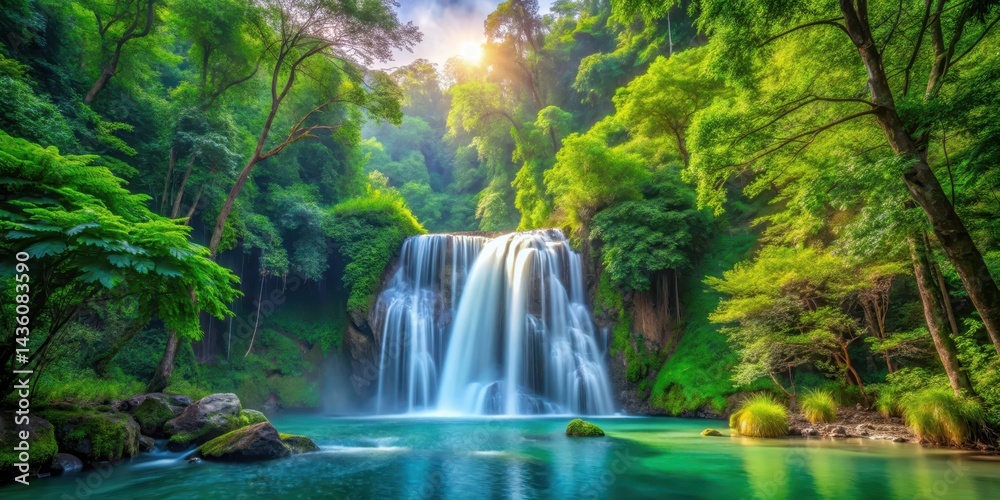 Waterfall in lush forest amidst greenery and rocks, surrounded by tall trees with vibrant foliage #waterfall Waterfall in lush forest amidst greenery and rocks, surrounded by tall trees with vibrant foliage #waterfall
