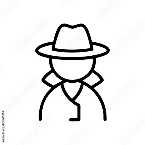 Mysterious figure in a hat and trench coat embodies classic detective style in a minimalistic black and white design