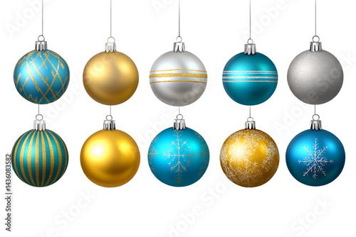 Christmas ornaments decorations hanging holiday balls festive celebration xmas tree decor shiny isolated on a transparent background.