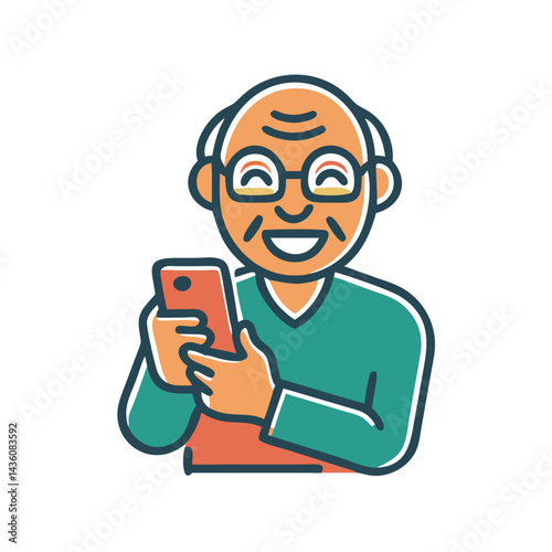 Smiling elderly man using smartphone in a cozy indoor setting during daylight