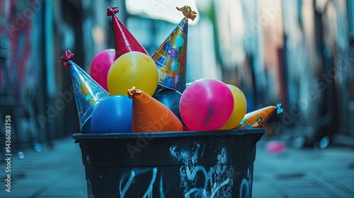 Colorful Party Aftermath Balloons and Hats in Trash Bin Outdoors