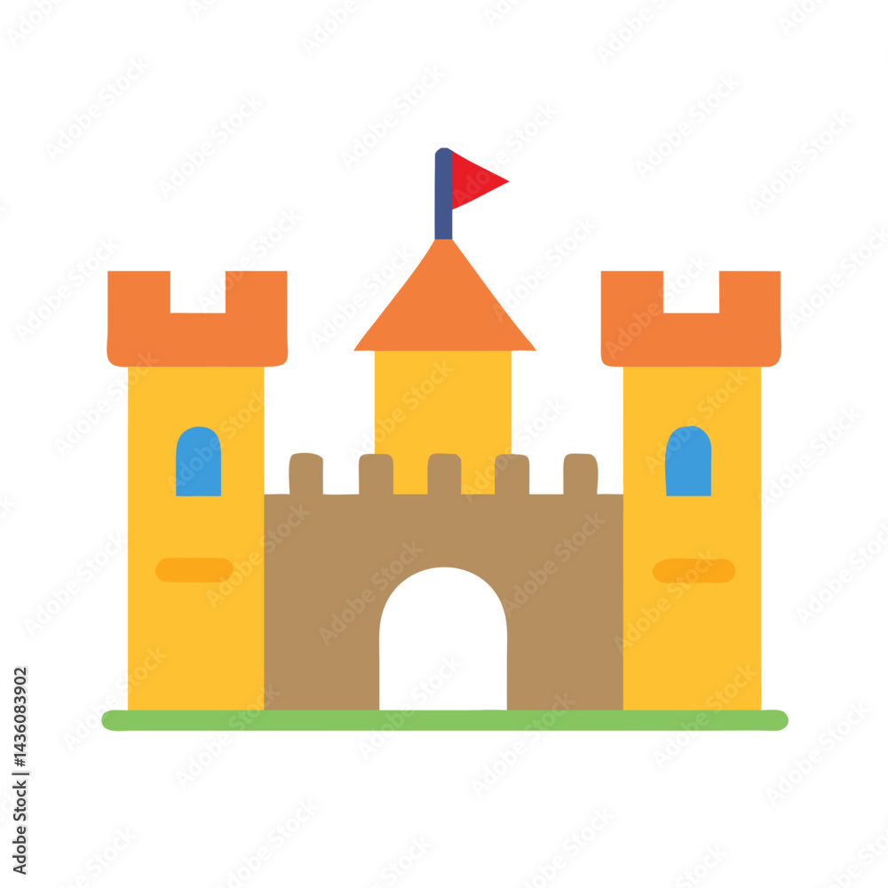 Fototapeta premium Colorful cartoon castle with turrets and flag set against a simple background showcasing artistic design