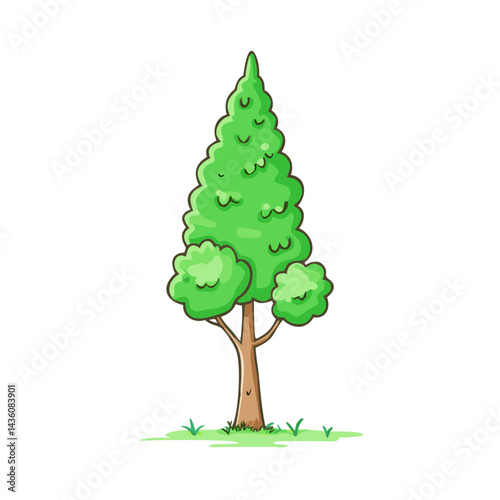 Green coniferous tree with lush foliage stands on a grassy area under bright sunlight, showcasing a vibrant and healthy appearance