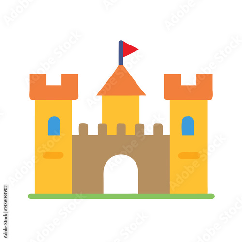 Colorful cartoon castle with turrets and flag set against a simple background showcasing artistic design
