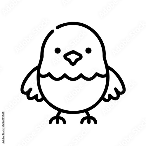 Cute cartoon bird stands on its legs with a simple design against a white background showcasing joyful character