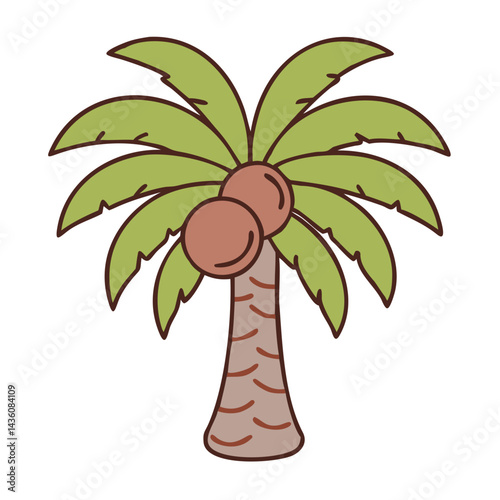 Coconut palm tree with two ripe coconuts swaying gently in the tropical breeze under a clear blue sky during midday