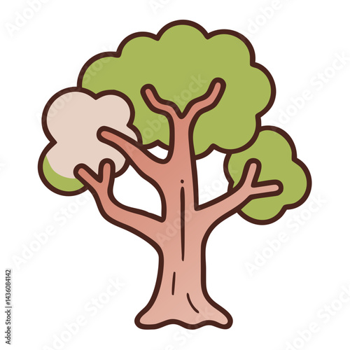Illustration of a stylized tree with lush green foliage, highlighting simple shapes and colors for a playful design