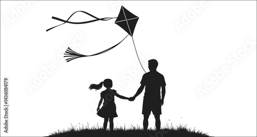 Father And Daughter Flying Kite Silhouette On A Field Together Illustration