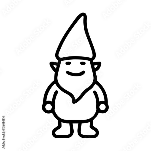 Gnome character stands cheerfully with a pointy hat in a simple black and white design