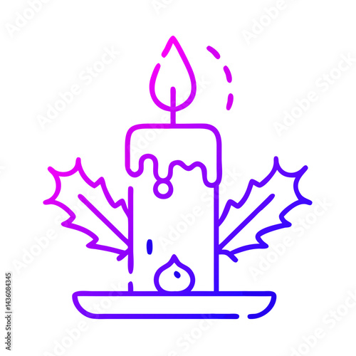 Colorful candle with a flame and decorative leaves for festive celebrations during winter holidays in a cozy setting