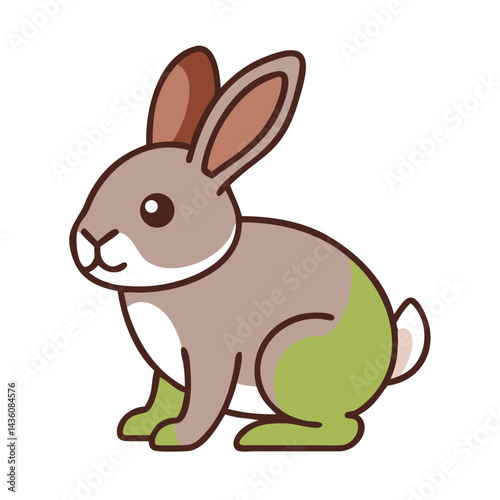 Cute cartoon rabbit sitting quietly with green accents on its body in a simple and colorful illustration style during daytime