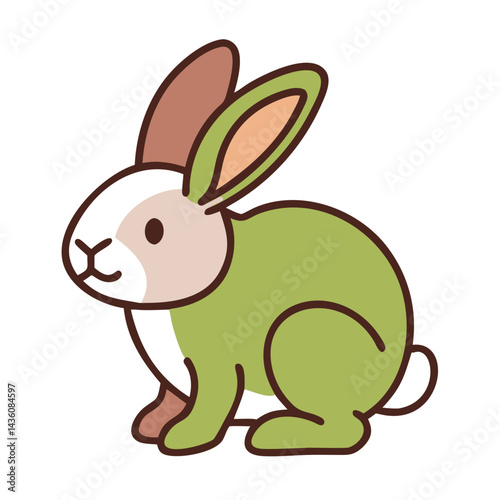 Cute cartoon rabbit featuring green accents sitting calmly with a playful expression and soft features