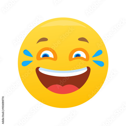 Cheerful yellow emoji with a big smile, sparkling eyes, and tears of joy represents happiness and excitement