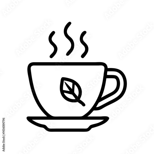 Warm cup of tea with steam rising, adorned with a leaf design on a saucer, inviting relaxation in a cozy setting during the afternoon