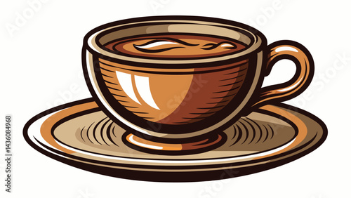 A white porcelain coffee cup, isolated on a plate with a spoon, offers a hot caffeine drink