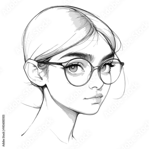 Grayscale sketch of young woman quietly contemplative with glasses.