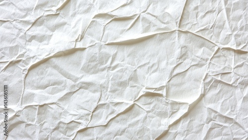 Wrinkled white paper texture.  A close-up view of crumpled white paper, displaying intricate folds and creases. The surface is uneven, with various depths and directions of wrinkles