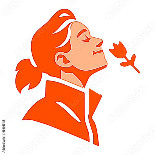 Line drawing illustration of peaceful woman smelling a tulip.