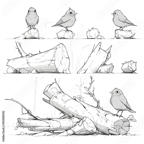 Simple cartoonish bird perched on logs in a grayscale sketch