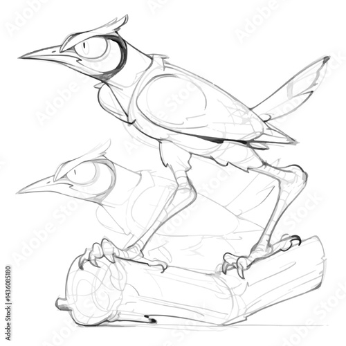 Two stylized birds perched calmly on a log in grayscale sketch