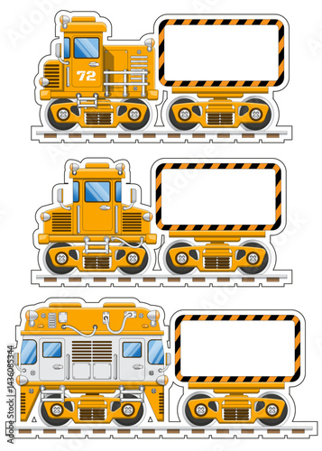 A set of stickers with freight trains. Side view. Isolated on a white background. Vector illustration.
