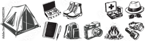 Backpack hiking boots compass and camping gear set vector silhouette