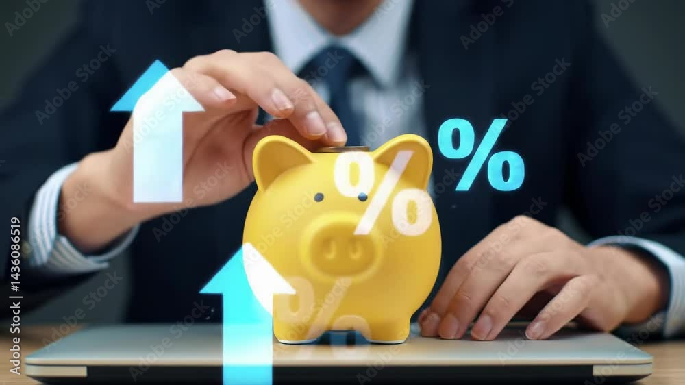 Man saving money in a piggy bank with animated percentage signs and upward arrows