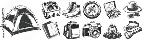 Camping adventure elements silhouette with stove backpack compass and boots