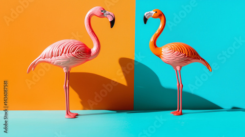 Two cheerful flamingo toys on bright orange and blue background with soft shadows, sunny day optimistic composition, f/4.0 aperture