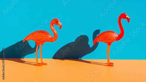 Two cheerful flamingo toys on bright orange and blue background with soft shadows, sunny day optimistic composition, f/4.0 aperture