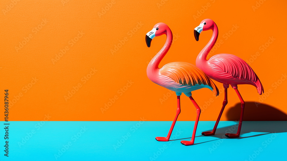 Fototapeta premium Two cheerful flamingo toys on bright orange and blue background with soft shadows, sunny day optimistic composition, f/4.0 aperture