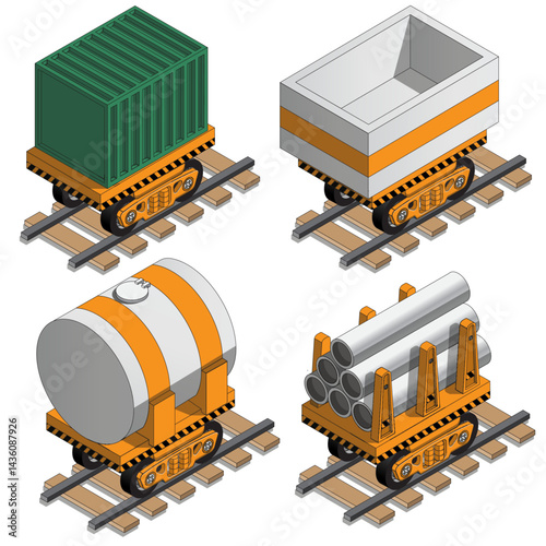 Set of funny railway cars. Isometric. Isolated on white background. Vector illustration. 