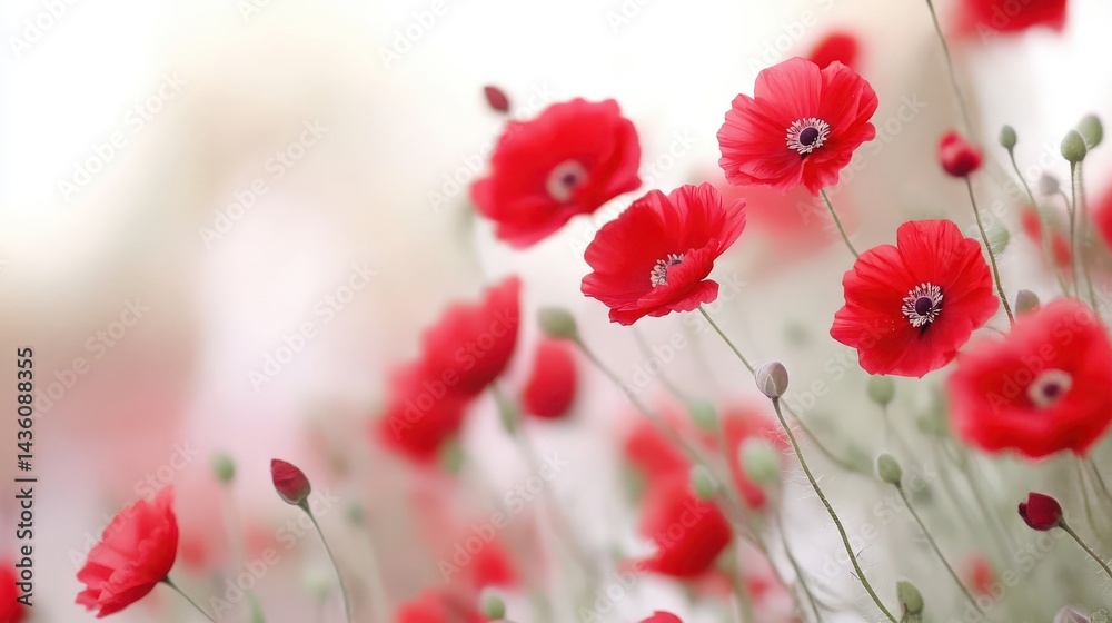 Naklejka premium Delicate white and red flowers in soft focus with bright light highlighting freshness gentleness and floral tranquility suitable for spring themes and gentle design backgrounds
