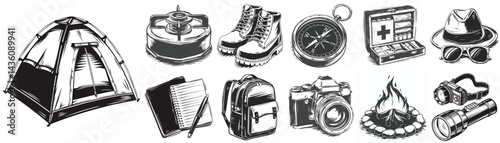 Backpacking and camping essentials silhouette vector with tent boots and camera
