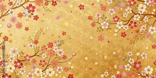 Traditional Japanese washi paper with intricate gold foil patterns, featuring a classic cherry blossom design, floral motifs, japanese culture