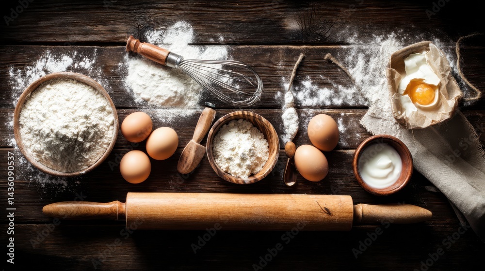 Baking Ingredients and Tools on Dark Wood Surface Baking Ingredients and Tools on Dark Wood Surface