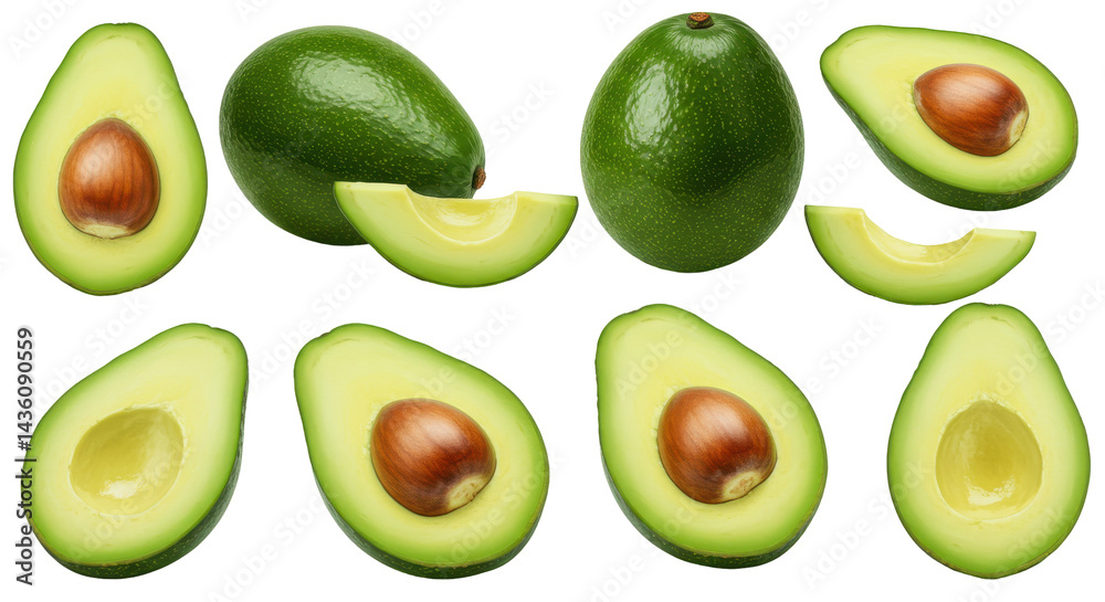 A collection of perfectly ripe avocados sliced whole against a stark black background A collection of perfectly ripe avocados sliced whole against a stark black background