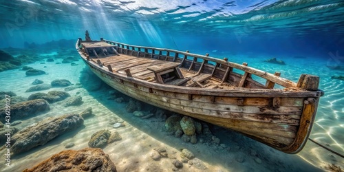 Fototapeta Naklejka Na Ścianę i Meble -  Ancient Greek vessel partially submerged in shallow waters of Kish Island shoreline with worn wooden planks and faded marine life , marina, ancient Greece