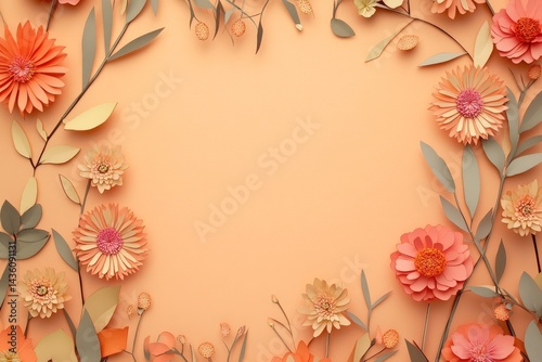 Ornate paper flowers and leaves create a decorative frame. photo