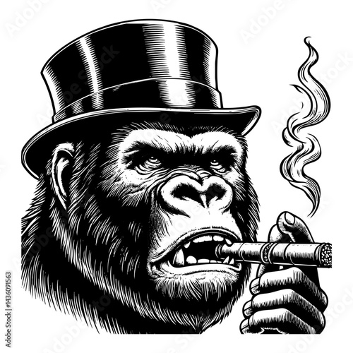 Gorilla wears top hat and smoking cigar engraving black and white outline. Scratch board imitation.  illustrated in vintage line art style on a white background.