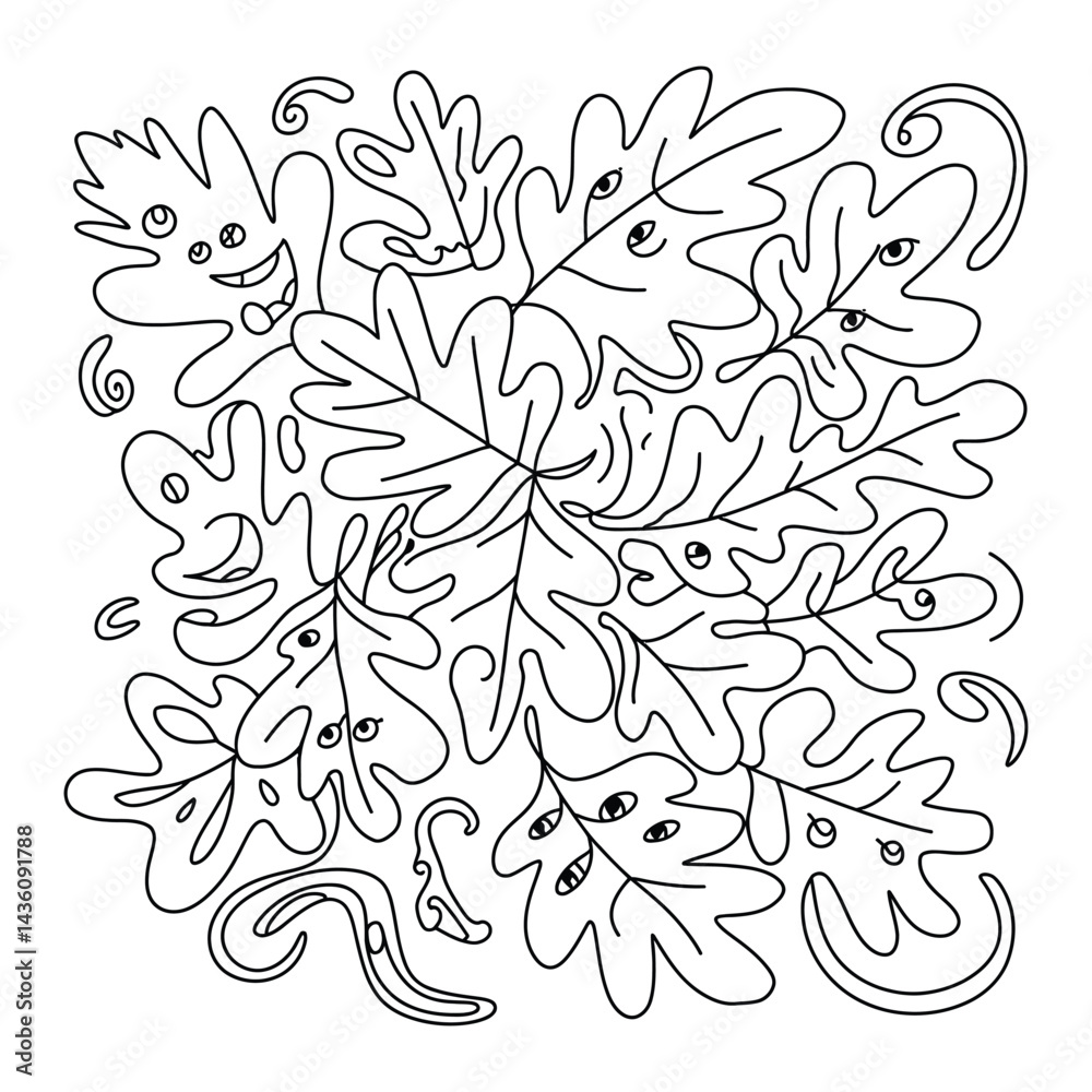 Fototapeta premium Autumn Leaves Doodle funny, Silhouette, Vector, Icon, Logo, White Background.