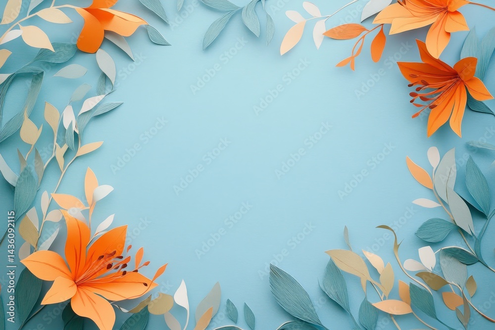 Delicate paper flowers and leaves frame a light blue background.