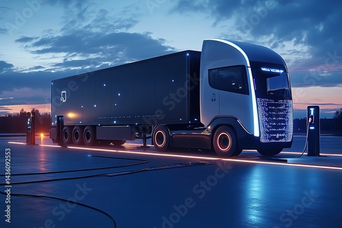 A large electric truck being charged at a high-powered station, ready to hit the road for a long-distance trip