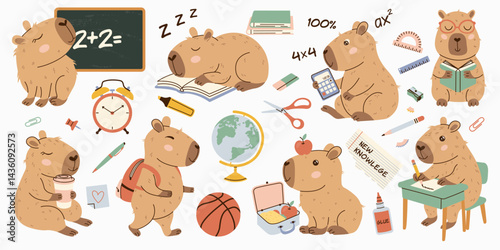 Back to school with capybara buddies. Playful hand-drawn set in pastel tones, perfect for kids stickers, learning posters, notebooks, planners, and fun educational designs.