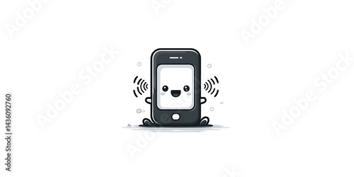 Minimalist Black-and-White Cute Smartphone with Happy Screen and Signal Waves, Clean and Digital-Friendly