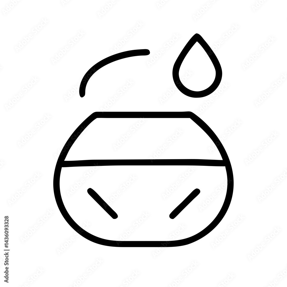Iconic representation of a bowl for essential oils with a drop symbol above it Iconic representation of a bowl for essential oils with a drop symbol above it