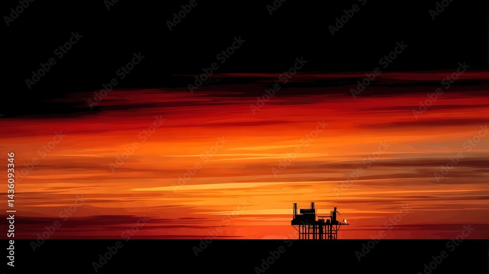 Fototapeta premium Serene Sunset Over Water with Silhouette of an Offshore Platform